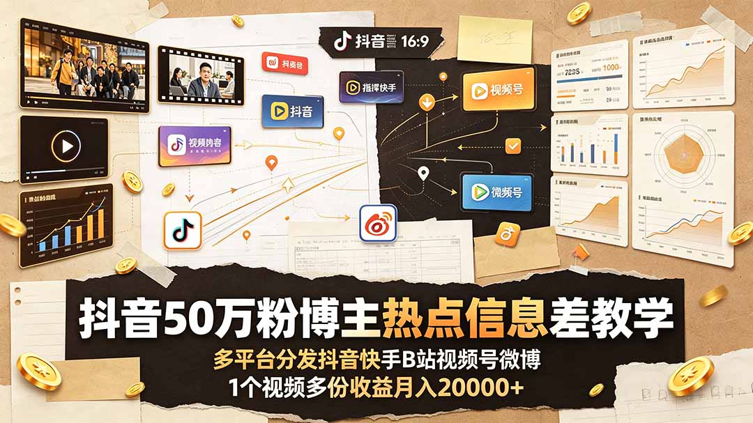 抖音50万粉博主热点信息差教学：多平台分发抖音快手B站视频号微博，1个视频多份收益月入20000+-AI学习资源网