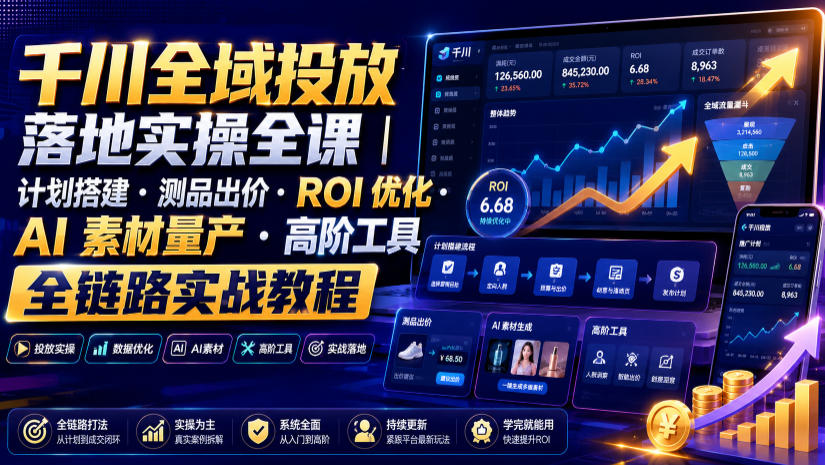 千川全域投放落地实操全课｜计划搭建・测品出价・ROI优化・AI素材量产・高阶工具全链路实战教程-AI学习资源网
