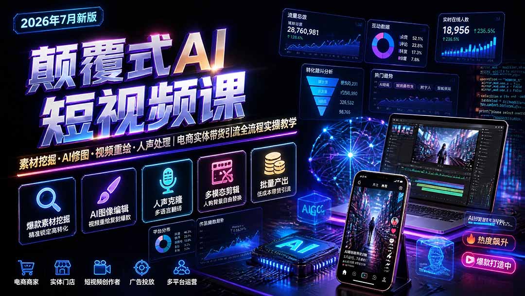 颠覆式AI短视频课｜素材挖掘，AI修图，视频重绘，人声处理｜电商实体带货引流全流程实操教学-AI学习资源网