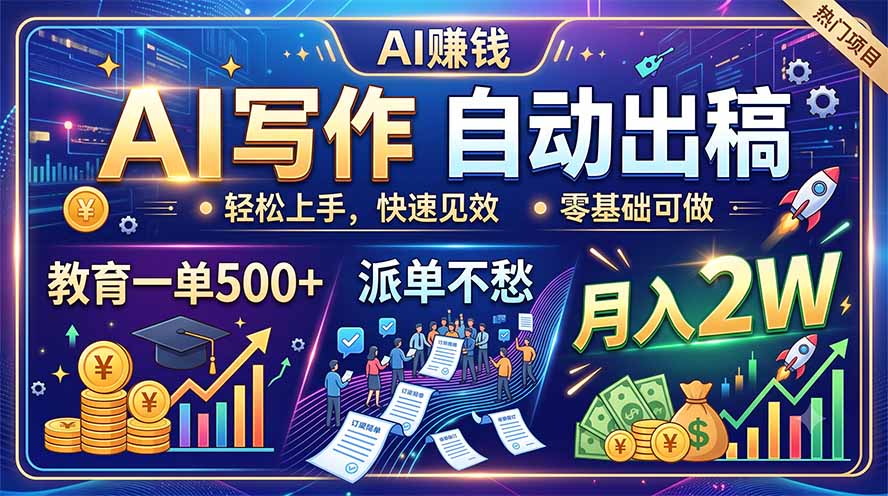 AI写作自动出稿，教育一单500+，派单不愁，月入2W-AI学习资源网