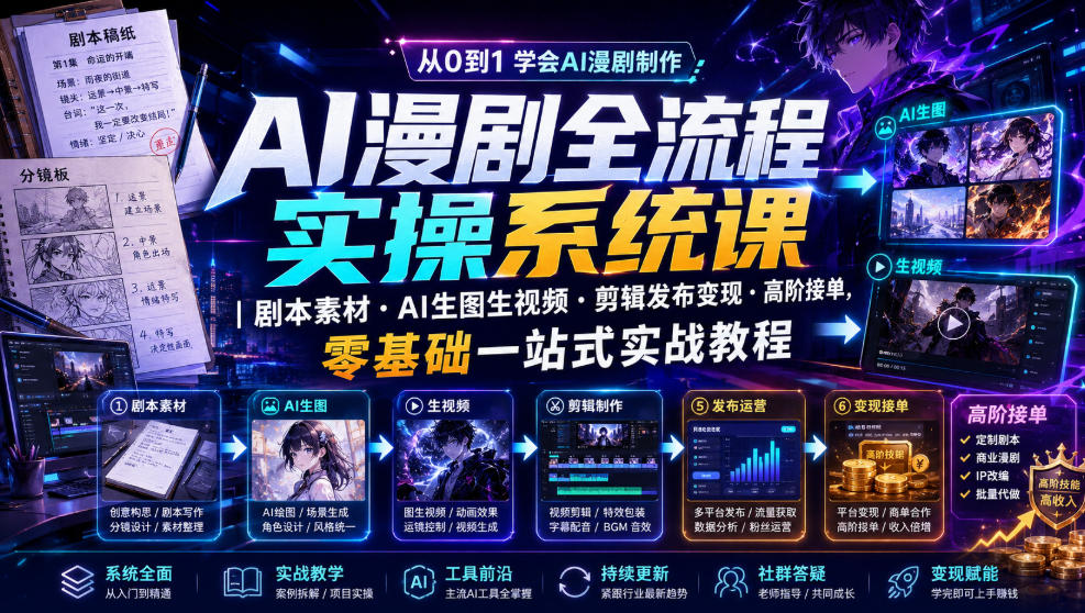AI漫剧全流程实操系统课|剧本素材・AI生图生视频・剪辑发布变现・高阶接单,零基础一站式实战教程-AI学习资源网