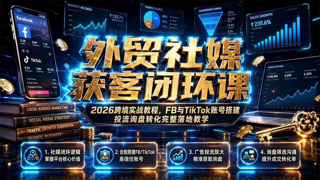 外贸社媒获客闭环课｜2026跨境实战教程，FB与TikTok账号搭建投流询盘转化完整落地教学-AI学习资源网