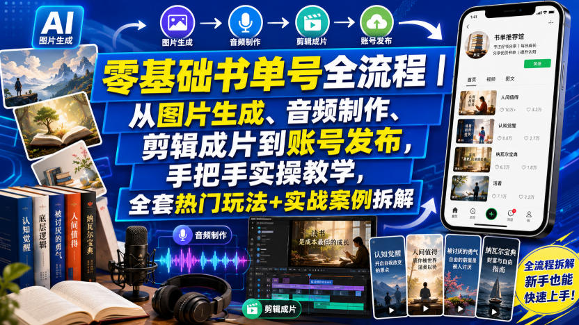 零基础书单号全流程|从图片生成、音频制作、剪辑成片到账号发布,手把手实操教学,全套热门玩法+实战案例拆解-AI学习资源网