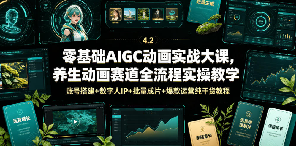 零基础AIGC动画实战大课，养生动画赛道全流程实操教学，账号搭建+数字人IP+批量成片+爆款运营纯干货教程-AI学习资源网