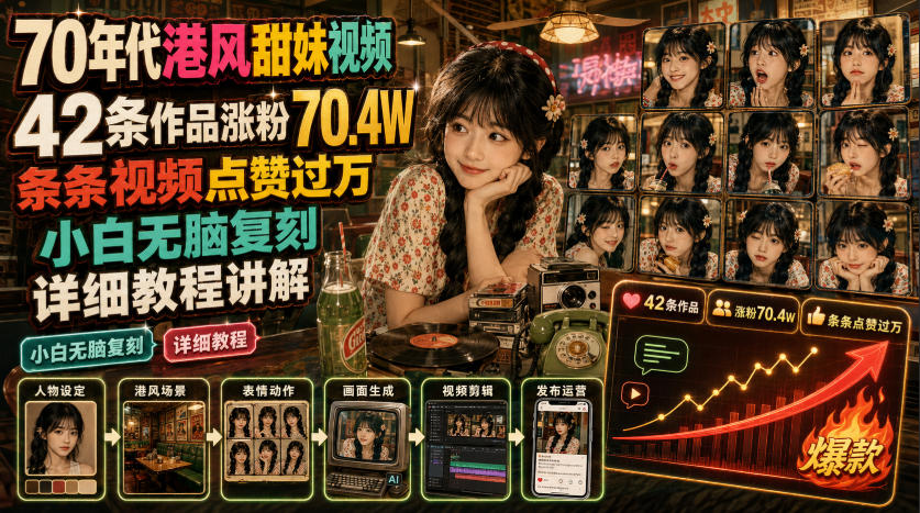 70年代港风甜妹视频,42条作品涨粉70.4W,条条视频点赞过万,小白无脑复刻,详细教程讲解-AI学习资源网