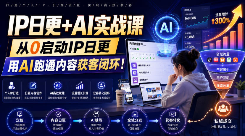 IP日更+AI实战课，从0启动IP日更，IP置顶视频制作+100条选题库搭建+10条日更规划，用AI跑通内容获客闭环!-AI学习资源网