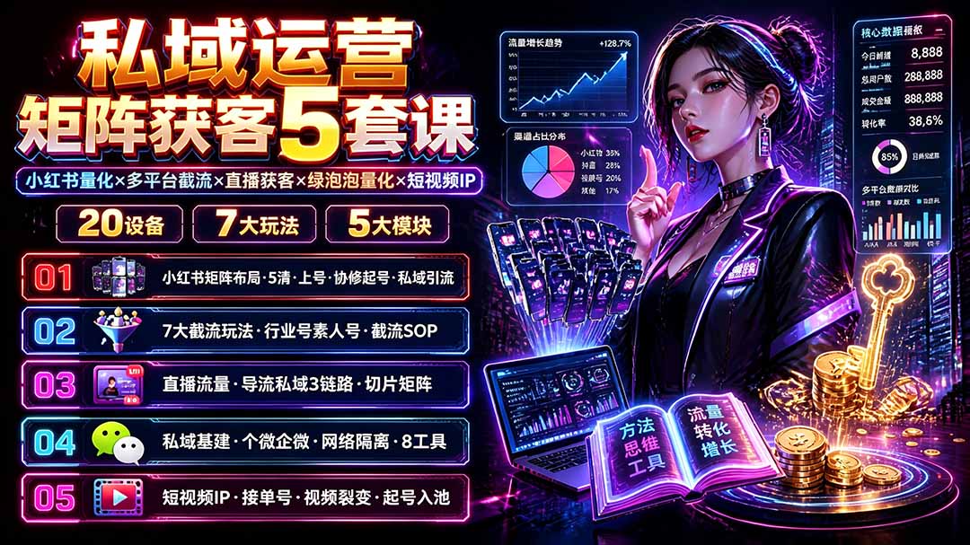 私域运营矩阵获客5套课：小红书量化×多平台截流×直播获客×绿泡泡量化×短视频IP×20设备×7大玩法-AI学习资源网