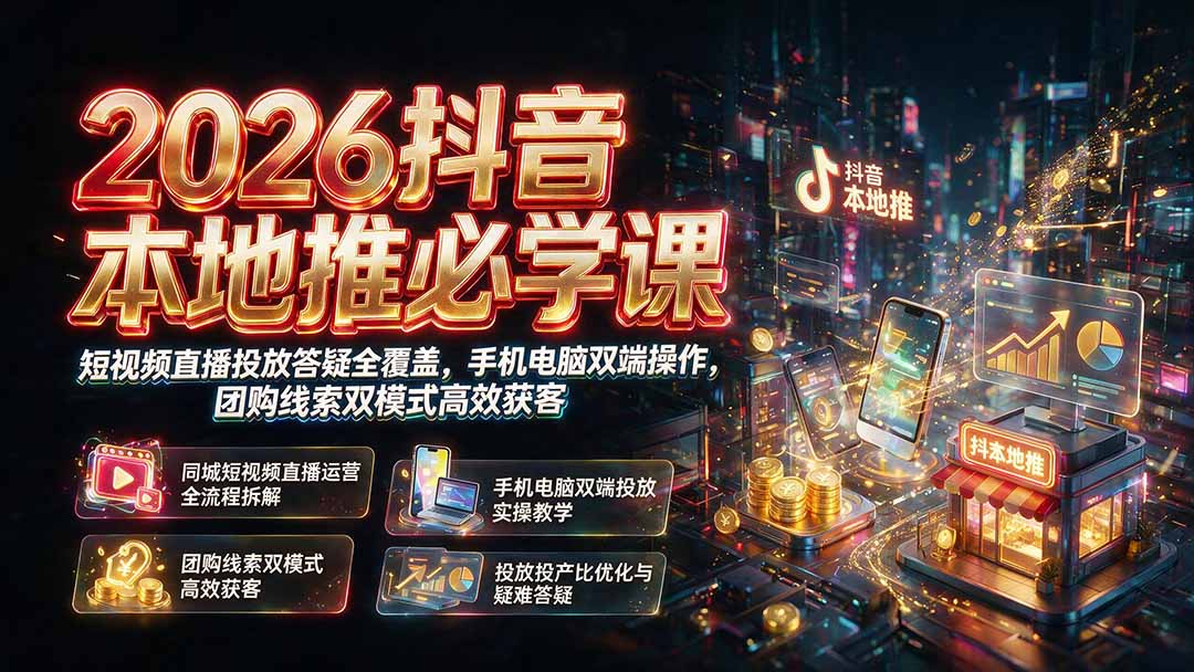 2026抖音本地推必学课｜短视频直播投放答疑全覆盖，手机电脑双端操作，团购线索双模式高效获客-AI学习资源网