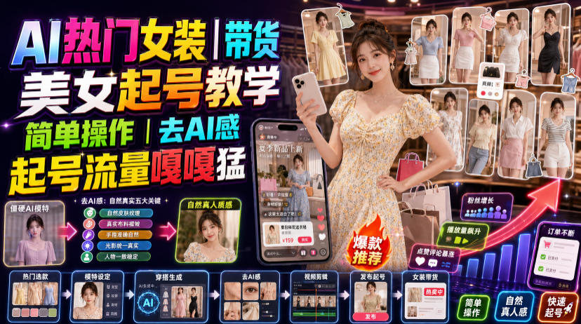 AI热门女装带货丨美女起号教学，简单操作，去AI感，起号流量嘎嘎猛-AI学习资源网