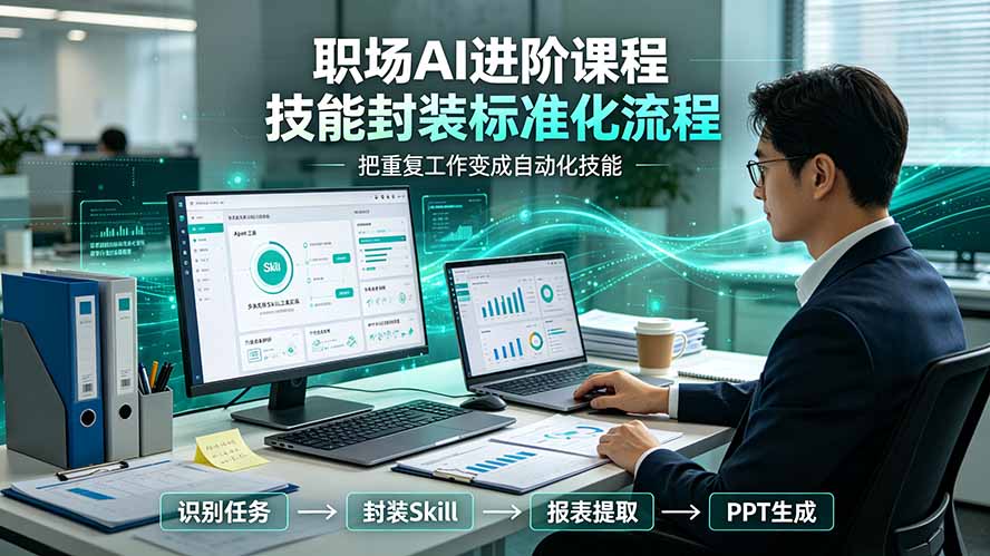 职场AI进阶课程;多类实用Skill工具实操,专属技能封装标准化流程,报表行业报告一键提取核心内容-AI学习资源网