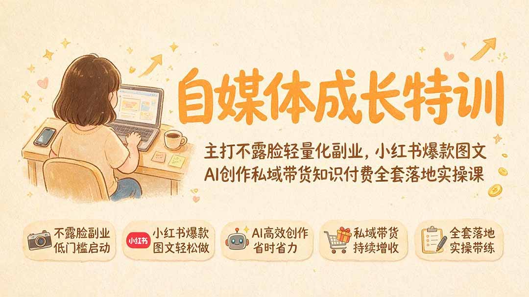 自媒体成长特训｜主打不露脸轻量化副业，小红书爆款图文AI创作私域带货知识付费全套落地实操课-AI学习资源网