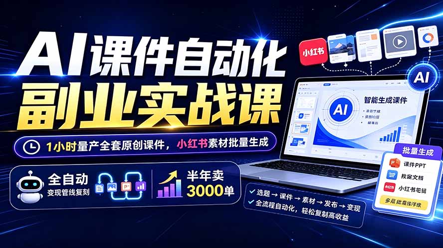 AI课件自动化副业实战课：1小时量产全套原创课件×小红书素材批量生成×全自动变现管线×半年卖3000单-AI学习资源网