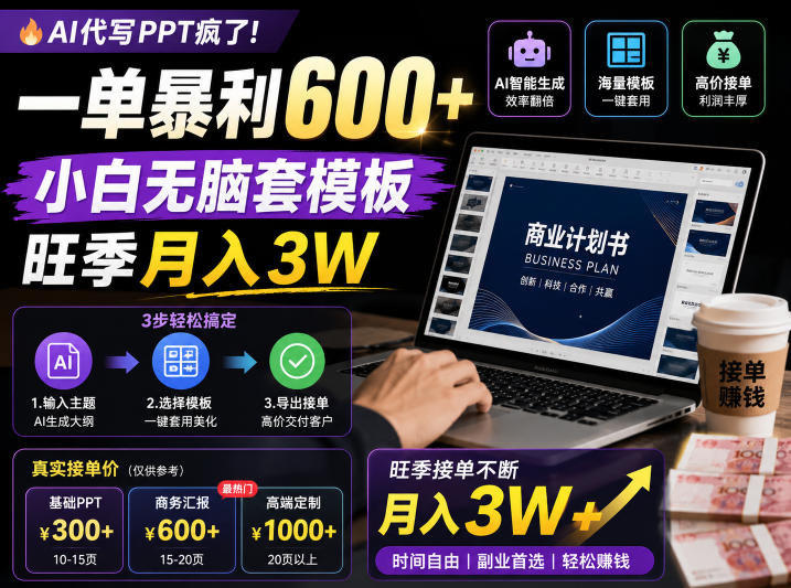 AI代写PPT疯了！一单暴利600+，小白无脑套模板，旺季月入3W，不用苦哈哈引流【揭秘】-AI学习资源网