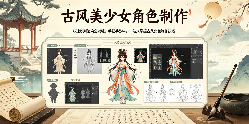 古风美少女角色制作，从建模到渲染全流程，手把手教学，一站式掌握古风角色制作技巧-AI学习资源网