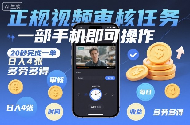 正规视频审核任务，一部手机即可操作，20秒完成一单，日入4张，多劳多得【揭秘】-AI学习资源网