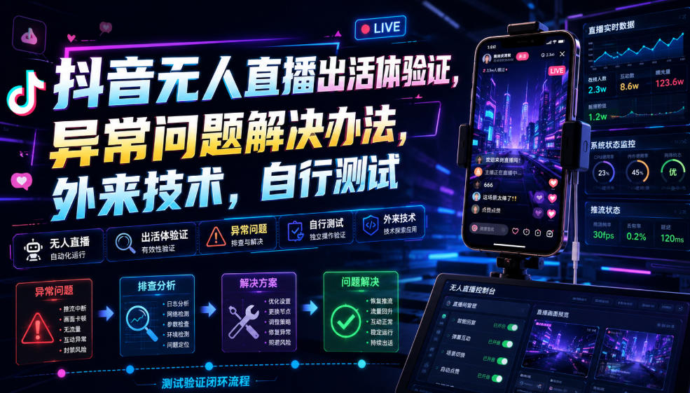 抖音无人直播出活体验证，异常问题解决办法，外来技术，自行测试-AI学习资源网