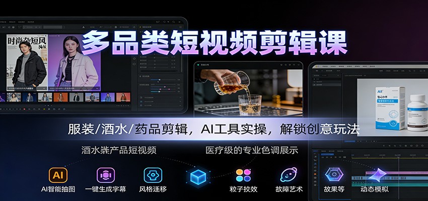 多品类短视频剪辑课：服装/酒水/药品剪辑，AI工具实操，解锁创意玩法-AI学习资源网
