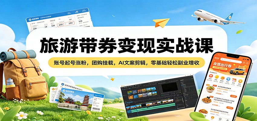 旅游带券变现实战课：账号起号涨粉，团购挂载，AI文案剪辑，零基础轻松副业增收-AI学习资源网