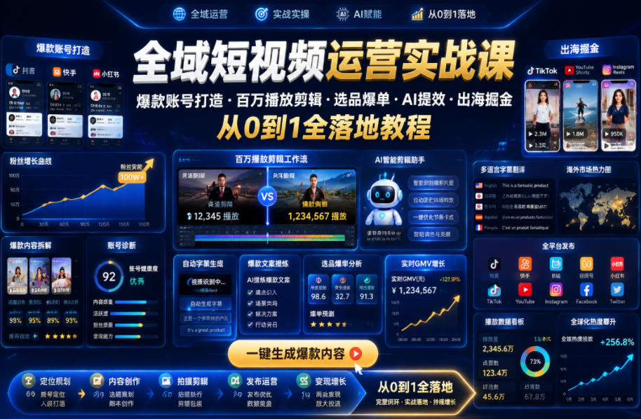全域短视频运营实战课，爆款账号打造・百万播放剪辑・选品爆单・AI提效・出海掘金，从0到1全落地教程-AI学习资源网