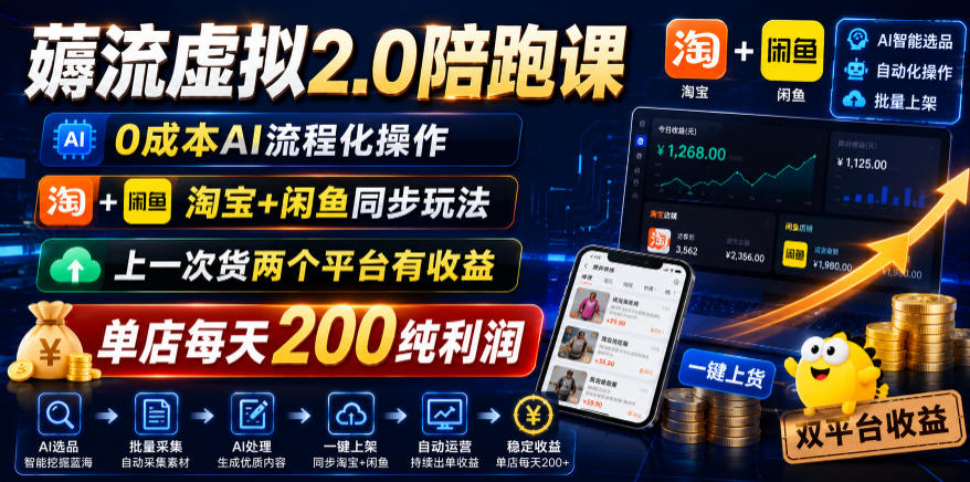 薅流虚拟2.0陪跑课,0成本AI流程化操作,淘宝+闲鱼同步玩法,上一次货两个平台有收益,单店每天200纯利润-AI学习资源网