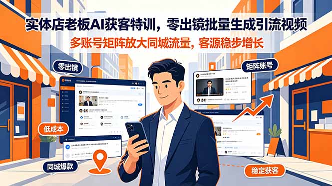实体店老板AI获客特训,零出镜批量生成引流视频,多账号矩阵放大同城流量,客源稳步增长-AI学习资源网