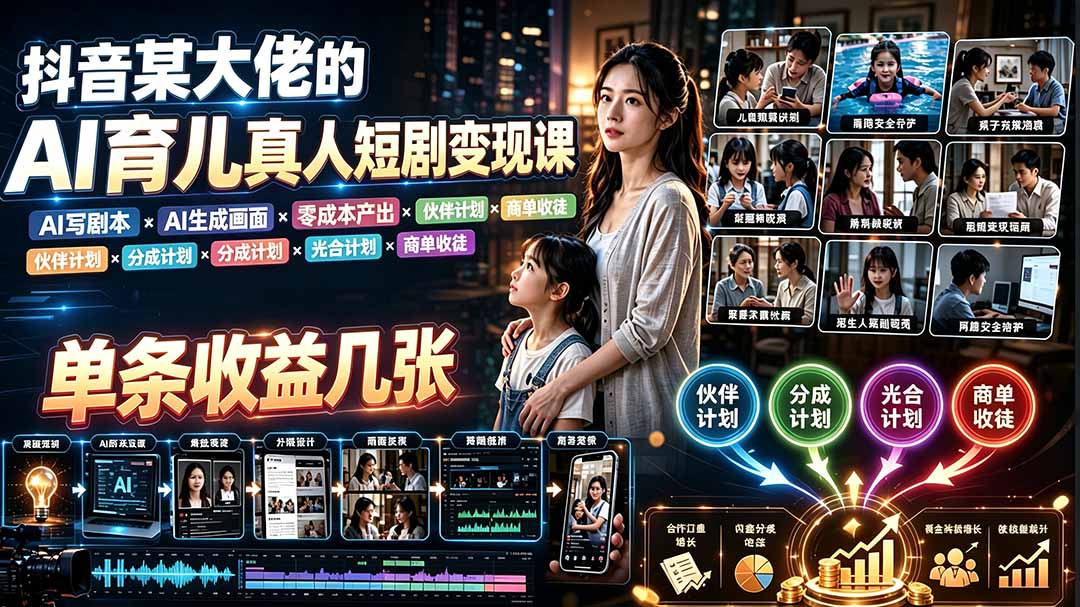AI育儿真人短剧变现课:AI写剧本×AI生成画面×零成本产出×伙伴计划×分成计划×光合计划×商单收徒-AI学习资源网