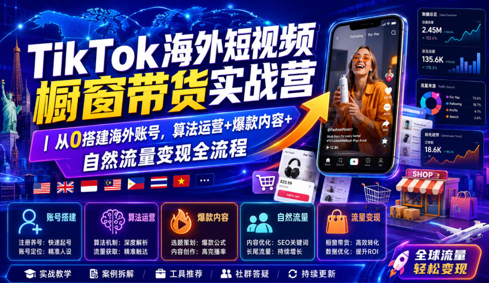 TikTok海外短视频橱窗带货实战营｜从0搭建海外账号，算法运营+爆款内容+自然流量变现全流程-AI学习资源网