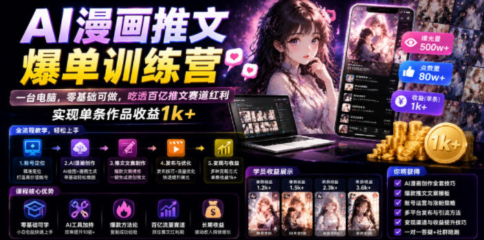 AI漫画推文爆单训练营，一台电脑，零基础可做，吃透百亿推文赛道红利，实现单条作品收益1k+-AI学习资源网