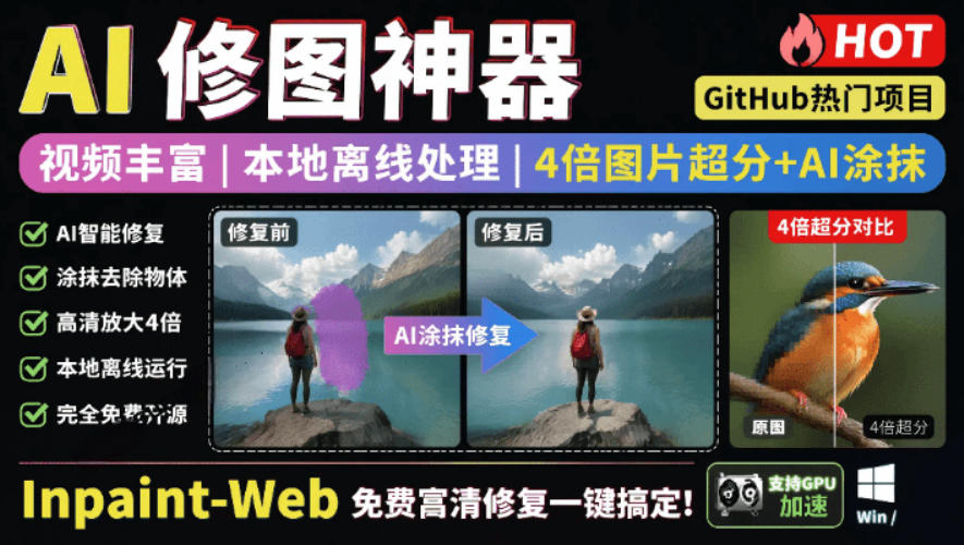 本地离线处理，4倍图片超分+AI涂抹去水印！Github上热门神器，免费高清修复图一键搞定！Inpaint-Web-AI学习资源网