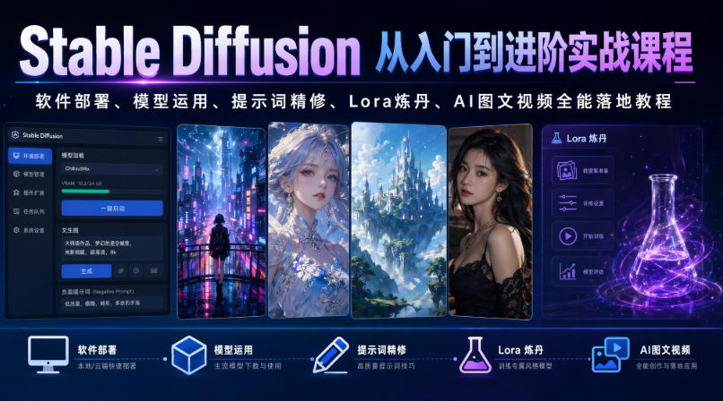 Stable Diffusion从入门到进阶实战课程｜软件部署、模型运用、提示词精修、Lora炼丹、AI图文视频全能落地教程-AI学习资源网