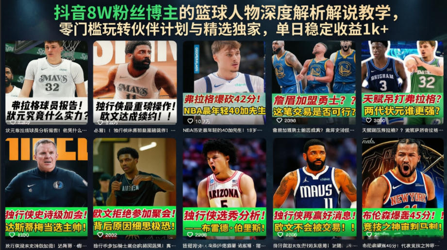 抖音8W粉丝博主的篮球人物深度解析解说教学，零门槛玩转伙伴计划与精选独家，单日稳定收益1k+-AI学习资源网
