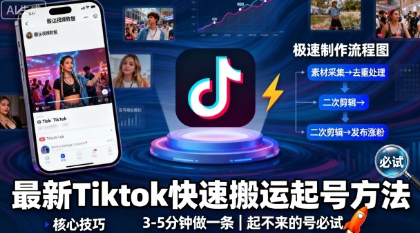 最新Tiktok快速搬运快速起号方法，3-5分钟做一条，起不来的号可以试试-AI学习资源网