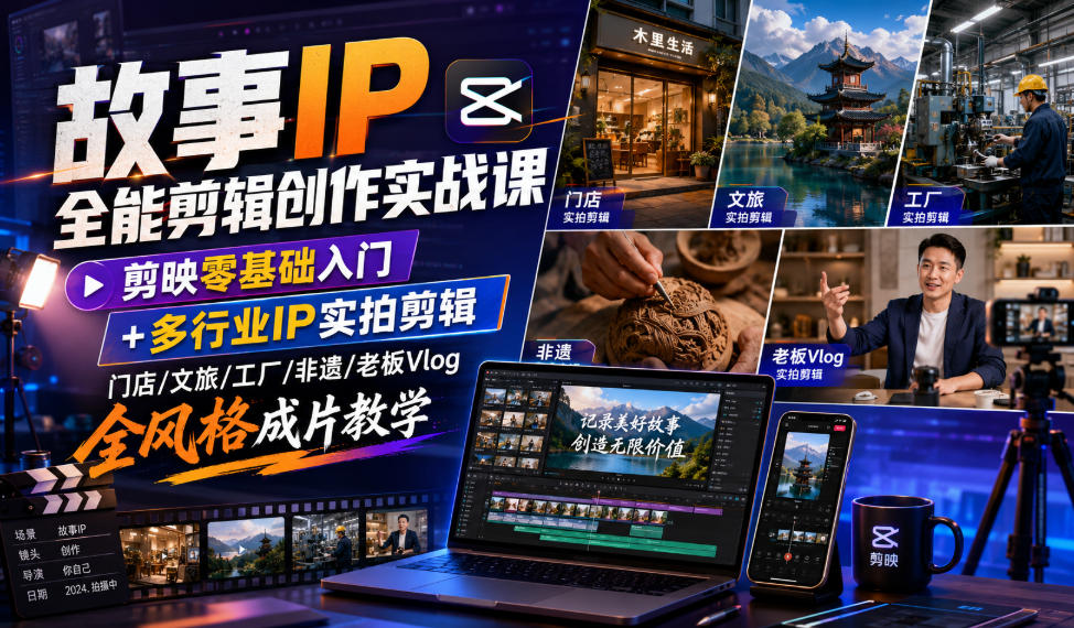 故事IP全能剪辑创作实战课｜剪映零基础入门+多行业IP实拍剪辑，门店/文旅/工厂/非遗/老板Vlog全风格成片教学-AI学习资源网