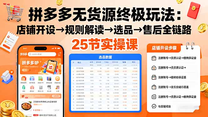 拼多多无货源终极玩法：店铺开设→规则解读→选品→售后全链路,25节实操课-AI学习资源网