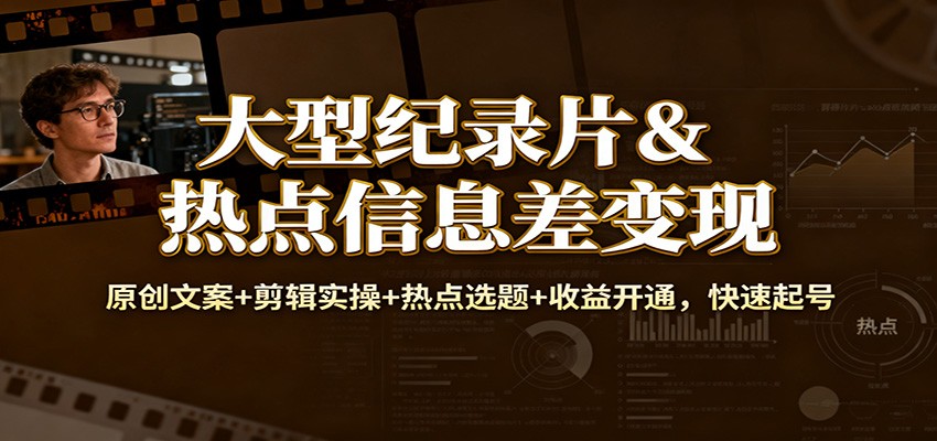 大型纪录片&热点信息差变现:原创文案+剪辑实操+热点选题+收益开通,快速起号-AI学习资源网