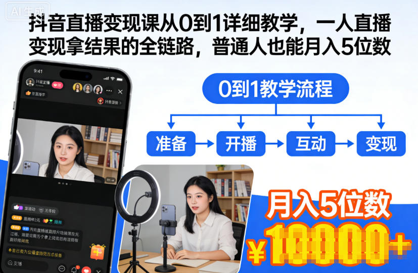 抖音直播变现课从0到1详细教学，一人直播变现拿结果的全链路，普通人也能月入5位数-AI学习资源网