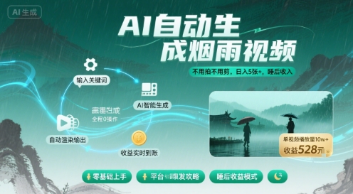 不用拍不用剪！AI自动生成烟雨视频，日入5张+，睡后收入-AI学习资源网