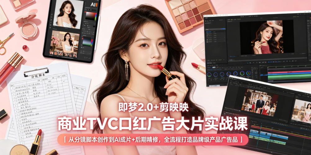 即梦2.0+剪映商业TVC口红广告大片实战课｜从分镜脚本创作到AI成片+后期精修，全流程打造品牌级产品广告-AI学习资源网