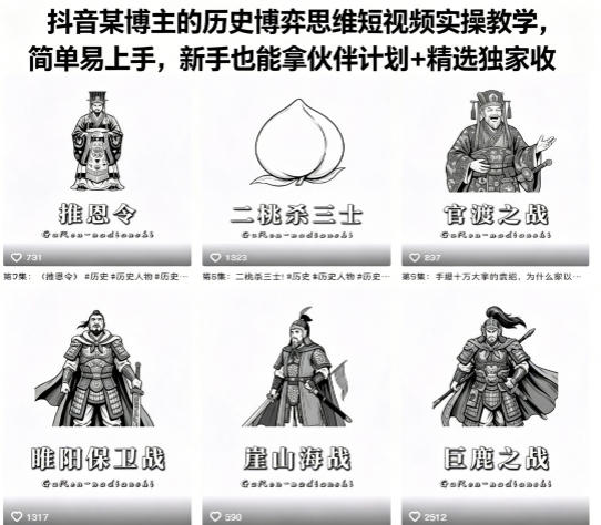 抖音某博主的历史博弈思维短视频实操教学，简单易上手，新手也能拿伙伴计划+精选独家收益-AI学习资源网