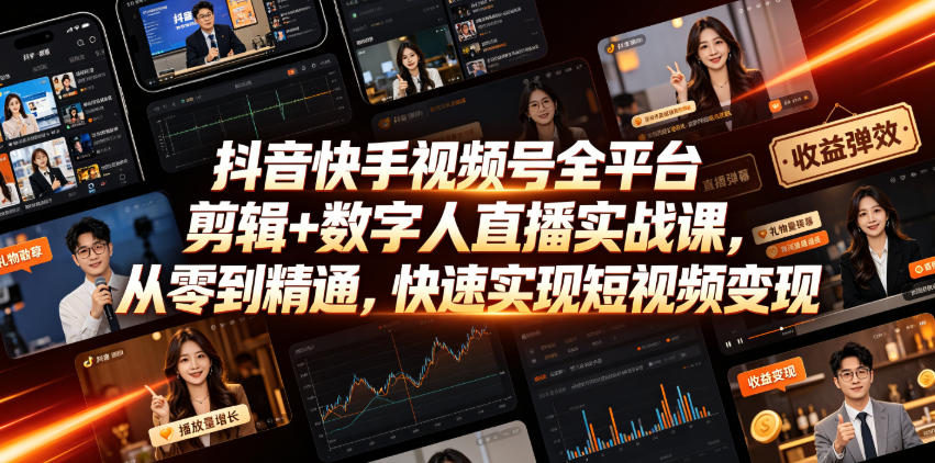 抖音快手视频号全平台剪辑+数字人直播实战课，从零到精通，快速实现短视频变现(更新2026年6月)-AI学习资源网