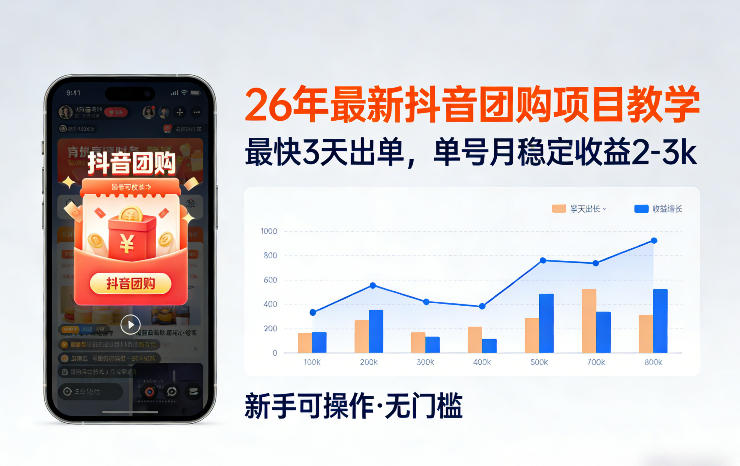 26年最新抖音团购项目教学，0门槛，最快3天出单，单号月稳定收益2-3k-AI学习资源网