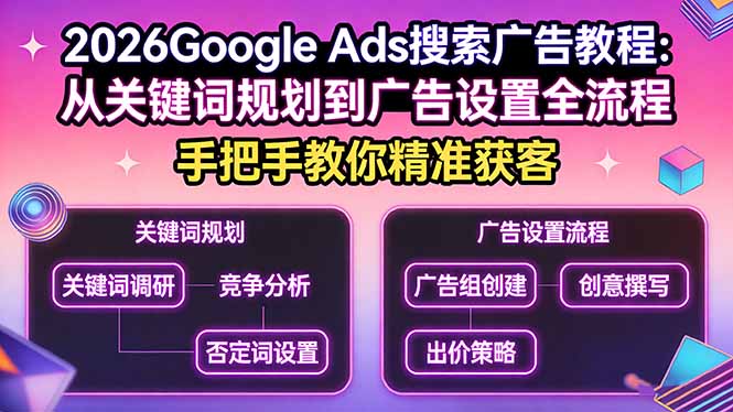 2026Google Ads搜索广告教程：从关键词规划到广告设置全流程，手把手教你精准获客-AI学习资源网