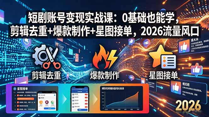 短剧账号变现实战课：0基础也能学，剪辑去重+爆款制作+星图接单，2026流量风口-AI学习资源网