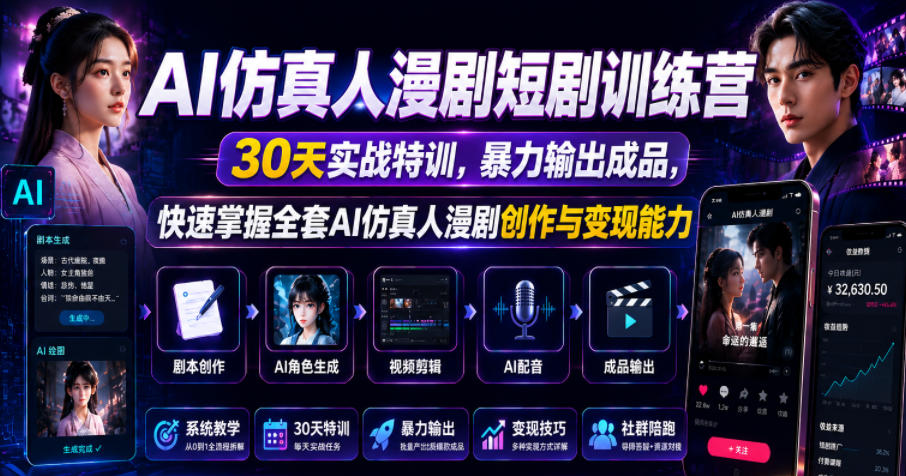 AI仿真人漫剧短剧训练营，30天实战特训，暴力输出成品，快速掌握全套AI仿真人漫剧创作与变现能力-AI学习资源网