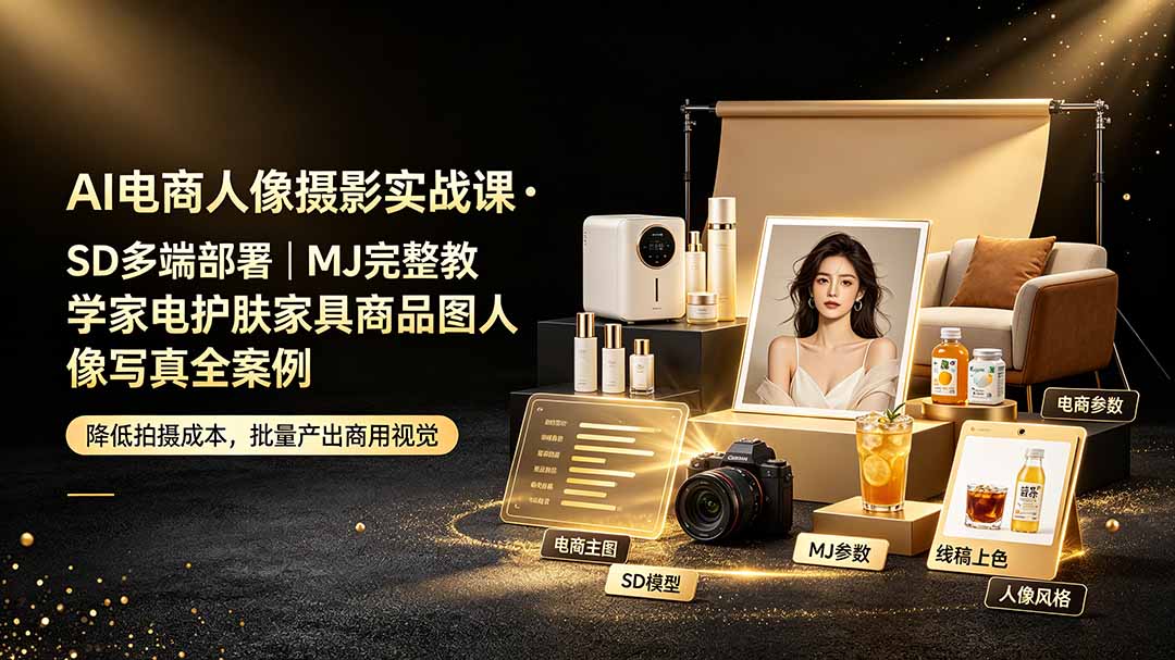 AI电商人像摄影实战课·SD多端部署|MJ完整教学|家电护肤家具商品图人像写真全案例-AI学习资源网