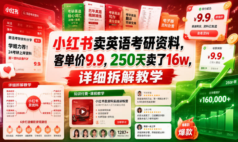 小红书卖英语考研资料,客单价9.9,250天卖了16w,详细拆解教学-AI学习资源网
