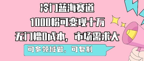 冷门蓝海赛道，1000粉可变现十W，无门槛0成本，市场需求大，可多领域做，可复制性强-AI学习资源网
