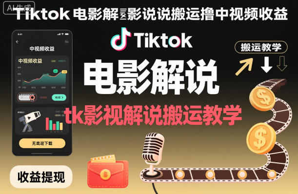 Tiktok电影解说搬运撸中视频收益,tk影视解说搬运教学-AI学习资源网