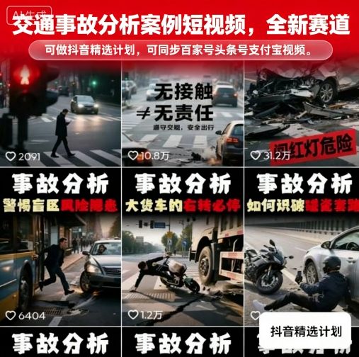 交通事故分析案例短视频，全新赛道，可做抖音精选计划，可同步百家号头条号支付宝视频号平台-AI学习资源网