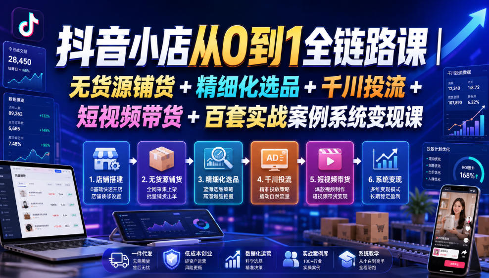 抖音小店从0到1全链路课｜无货源铺货+精细化选品+千川投流+短视频带货+百套实战案例系统变现课(2026年7月更新)-AI学习资源网